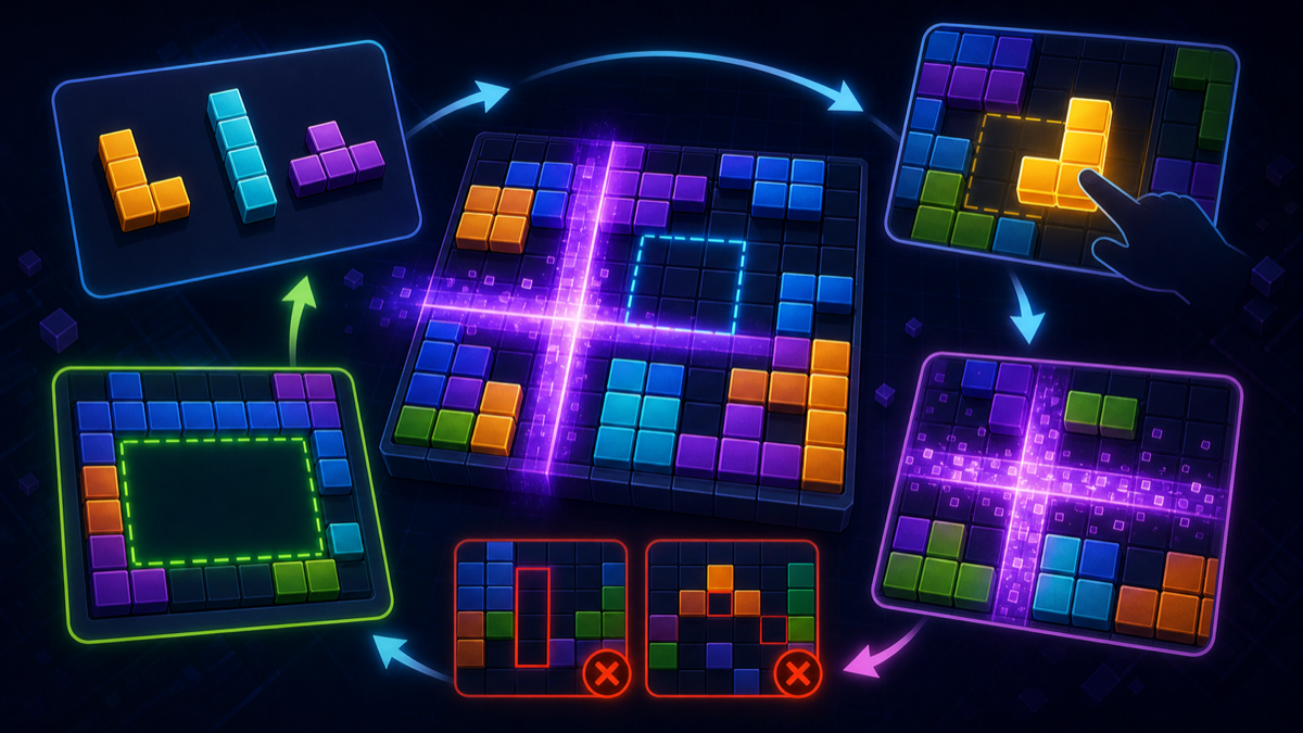 Site-original core gameplay loop visual for block puzzle games showing piece selection, grid placement, line clears, space preservation, and repeat strategy.