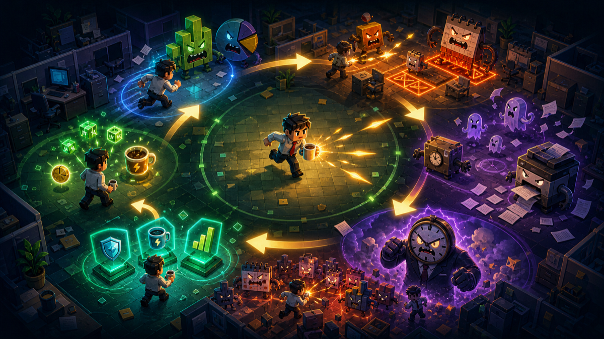Site-original core gameplay loop visual for KPI Monster showing movement, dodging office monsters, collecting experience, choosing upgrades, and surviving waves.