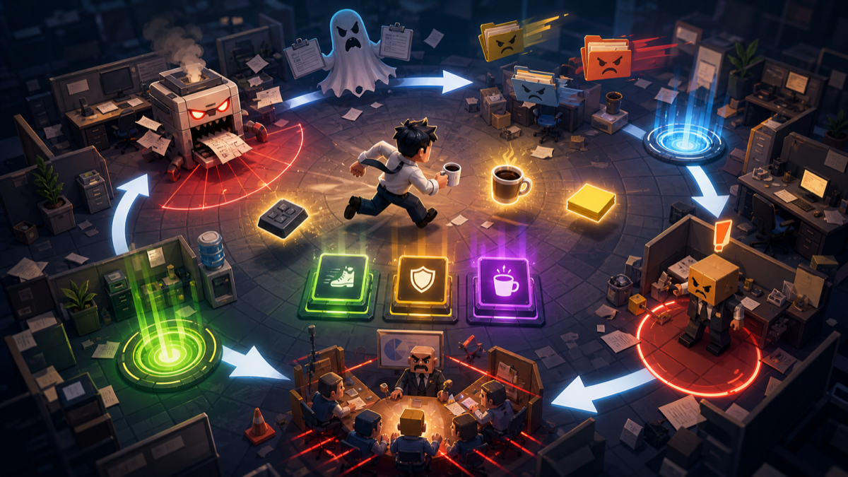 Site-original core gameplay loop visual for Office Survival Game showing dodging office hazards, collecting pickups, choosing upgrades, and surviving waves.