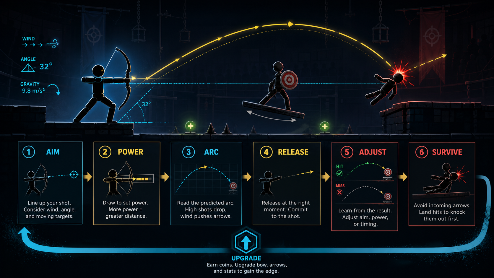 Site-original core gameplay loop visual for Ragdoll Archers showing aim, power, arc, release, adjustment, and survival.