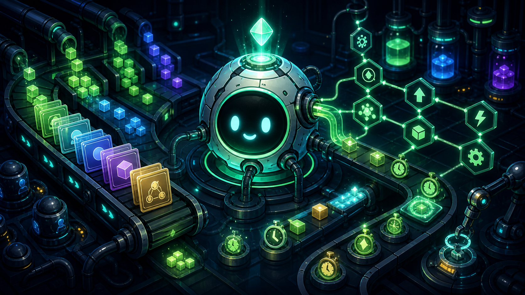 Site-original editorial guide cover for FEED THE AI Idle Game Guide. No copied screenshot, logo, UI, storefront image, or promotional art.