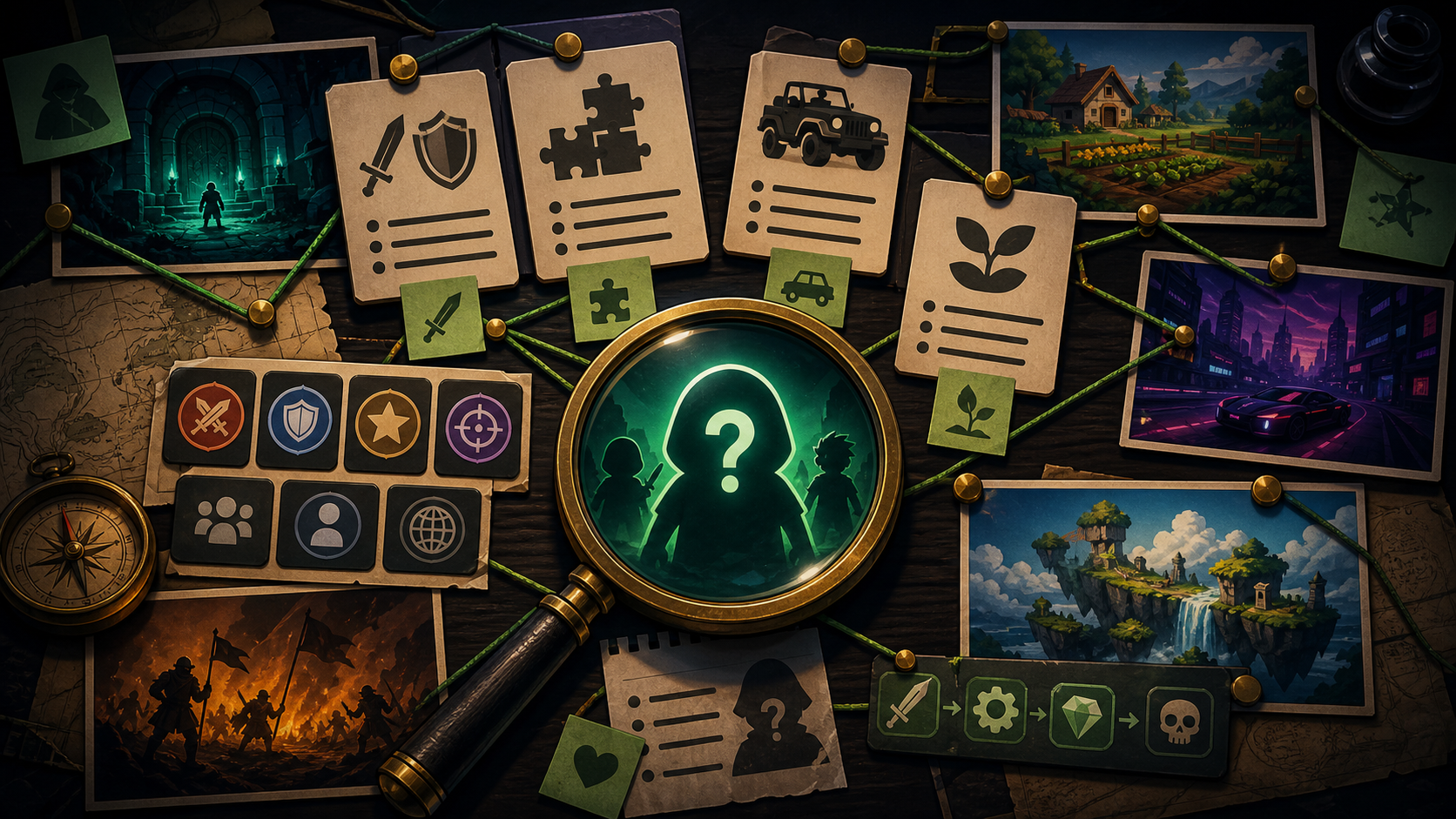 Site-original editorial guide cover for Find Game by Description. No copied screenshot, logo, UI, storefront image, or promotional art.
