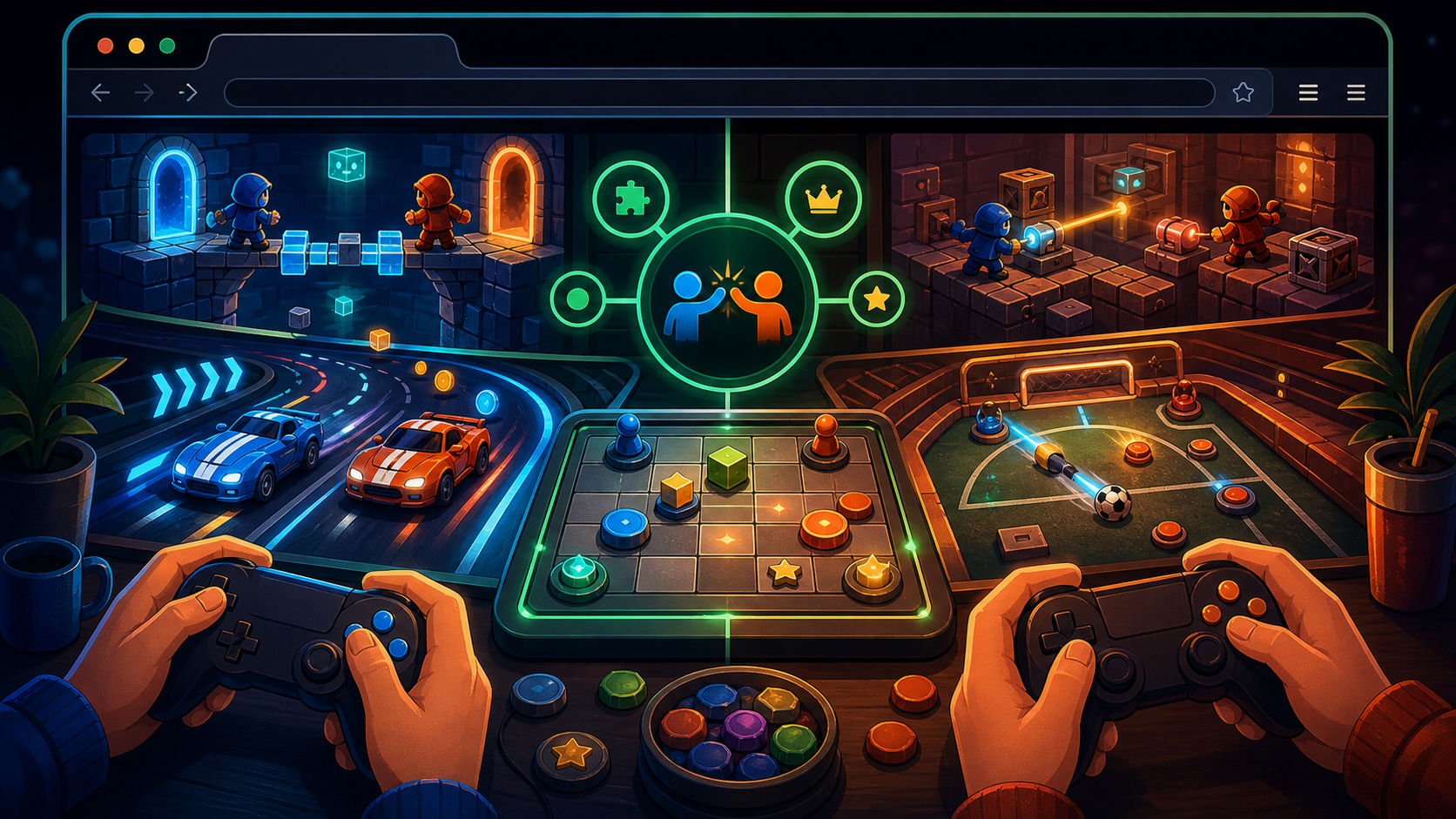 Site-original editorial guide cover for Two Player Browser Games. No copied screenshot, logo, UI, storefront image, or promotional art.