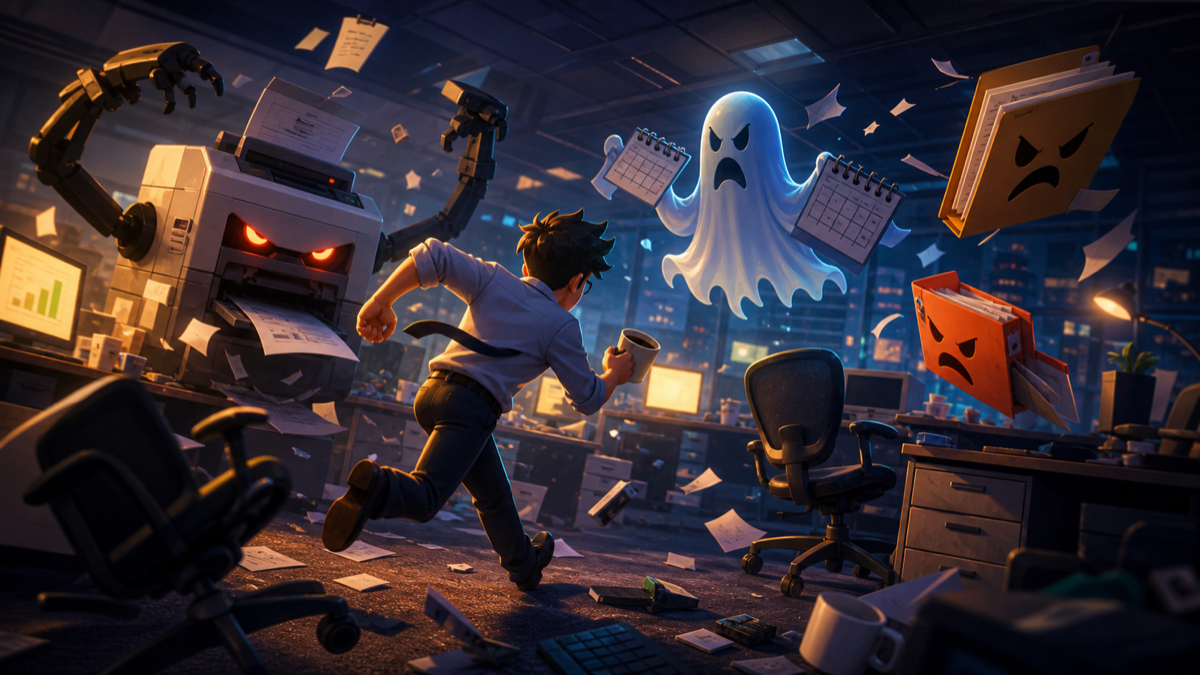 Site-original Office Survival Game cover showing a chaotic office survival arena.